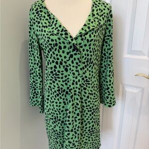 Diane Von Furstenberg Green and Black Long Sleeve Silk Dress